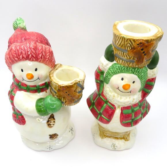 BICO Snowman Candleholder Set Christmas Ceramic Plaid Winter Decor 6 Inch Pair - Picture 6 of 12